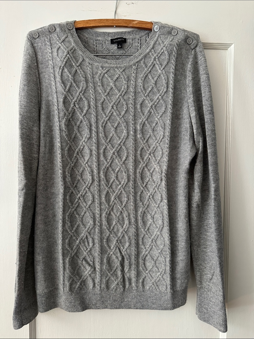 Talbots Large Light Gray Cable-Knit Crewneck Sweater with Shoulder Buttons
